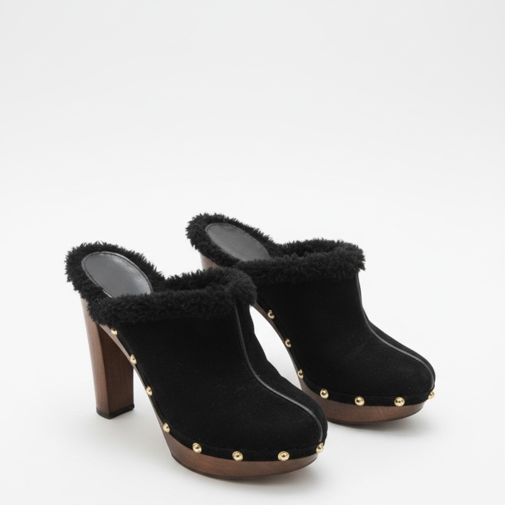 Gucci black suede high heel mules with shearling lining EUC - Picture 2 of 14